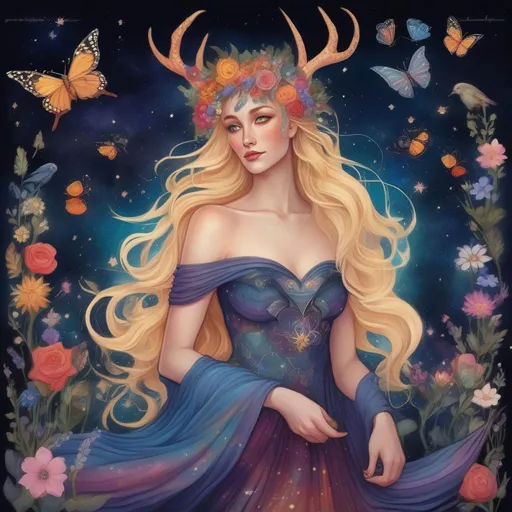 Prompt: A colourful and beautiful Persephone, she is a dragon woman, with scales for skin, antlers and gems in her blond hair. In a beautiful flowing dress made of wildflowers. Surrounded by butterflies and birds. Framed by a nighttime sky of clouds, stars and constellations. in a painted style