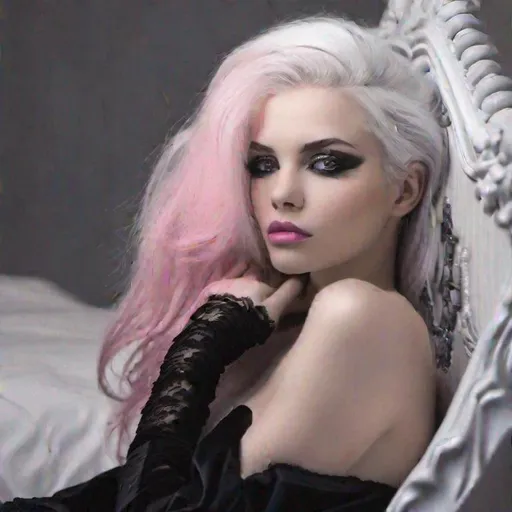 Prompt: stunning woman, pink-skinned, skin is pink, white hair, bed of black velvet, grey room