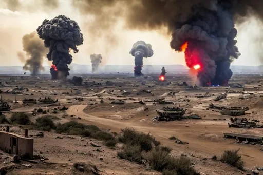Prompt: A colored and destroyed landscape similar to one of a "No mans land" from WW1. There is bombshells going off and big guns firing in random places. Its a middle eastern environment. You cam see some buildings and areas with gun fights going on. 