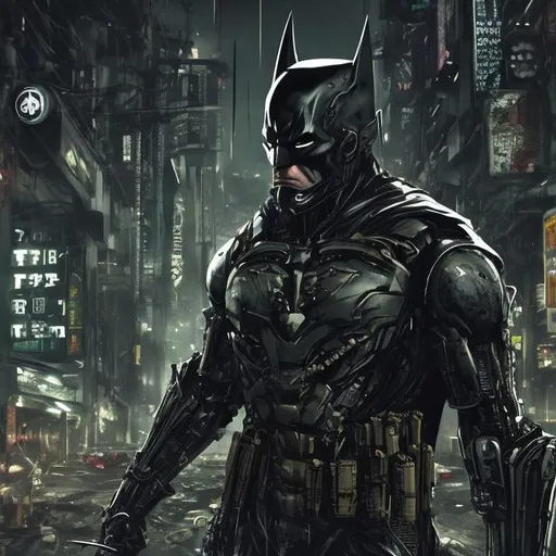 Prompt: Very dark black, gold and green evil distant future bionic enhanced batman. Injured. Bloody. Beard. Super soldier. Damaged helmet. Accurate. realistic. evil eyes. Slow exposure. Detailed. Dirty. Dark and gritty. Post-apocalyptic Neo Tokyo. Futuristic. Shadows. Sinister. Armed. Fanatic. Intense. 