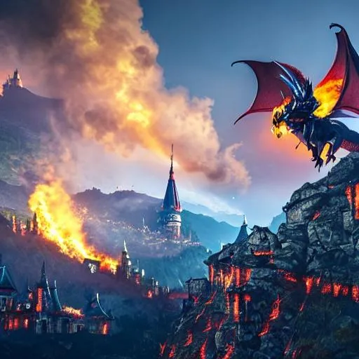 Prompt: A fire dragon fliying with a killer look with a demonic castle in the background, UHD, 8k, Very detailed, cinematic, realistic, photoreal, trending on artstation, sharp focus, studio photo, intricate details