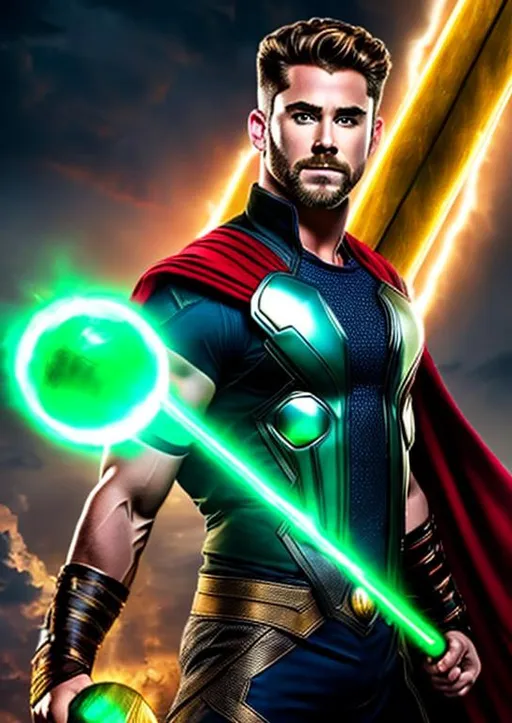 Prompt: High-resolution hyperrealistic photo of marvel's demigod {{hercules}} merged with thor, {{undercut mullet hair}}, holding mjolnir, green and red and black and gold revealing costume, uhd, hdr, 64k