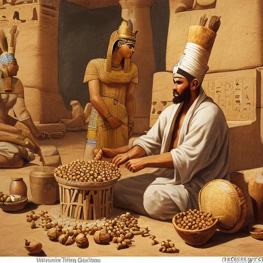 Prompt: draw me a photo of  a  ancient Egyptian  making rekhmire's tiger nut cones