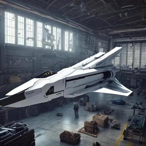 Prompt: futuristic large sleek white space jet in a messy barn, DIY assembly, cluttered, solarpunk, engineering, interior, luxury, realistic details, photorealistic, 8k render, cinematic lighting, ultra detailed