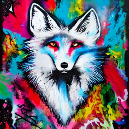 Prompt: white fox wearing a hoodie graffiti art, splash art, street art, spray paint, oil gouache melting, acrylic, high contrast, colorful polychromatic, ultra detailed, ultra quality, CGSociety