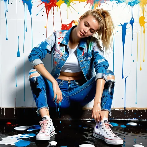 Prompt: photo of young woman, in soaking wet clothes, wet Converse sneakers, Paint splattered ripped blue jeans, Paint splattered ripped denim jacket,  , Blonde playing with paint,   enjoying, wet clothes stuck to body,  detailed textures of the wet clothes, wet face, wet plastered hair,  wet, drenched, professional, high-quality details, full body view 