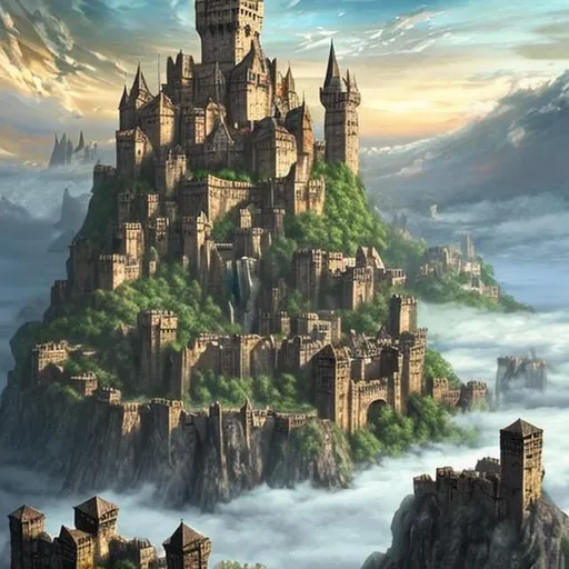 Prompt: A massive medieval city floating on a massive rock above the clouds with waterfalls falling from the side of the floating island. In the center of the city sits a massive castle on a small hill. The image looks a painting