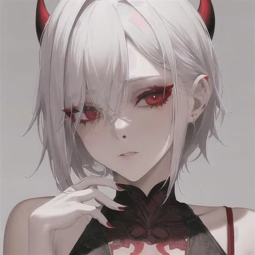 Prompt: "A close-up photo of a gorgeous short white haired woman, red eyes, devilish look, hyperrealistic detail, with a slight hint of loneliness in her eyes. Wearing big red nightgown. Her face is the center of attention, with a sense of allure and mystery that draws the viewer in, but her eyes are also slightly downcast, as if a sense of loneliness is lingering in her thoughts. The detailing of her face is stunning, with every pore, freckle, and line rendered in vivid detail, but the image also captures the subtle emotions of loneliness that might lie beneath her surface."