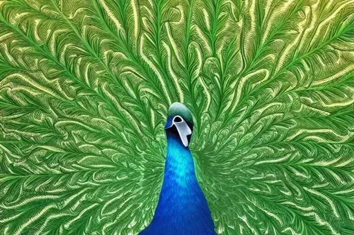 Prompt: zoomed detailed crazy fractals of green feathers. keep blue the same