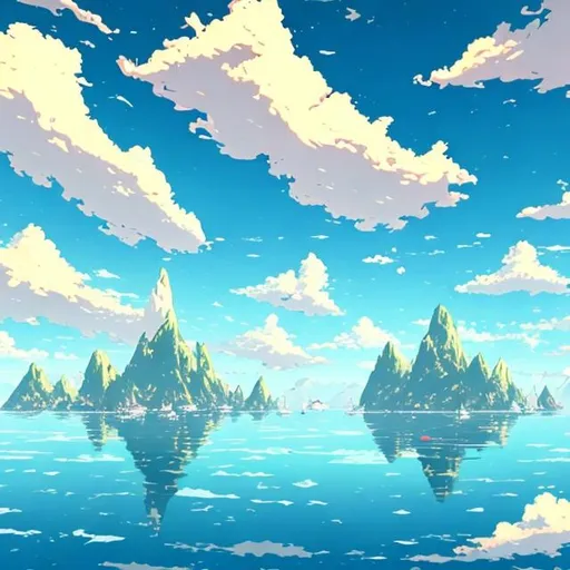 Prompt: giant islands floating in the sky with  flying sailboats anime style please