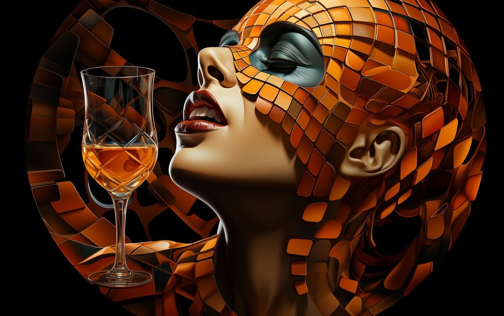 Prompt: a head with an open mouth, a face, and a bottle of liquid, in the style of op art illusions, daz3d, thomas saliot, michael parkes, grid, dramatic diagonals, brown and amber