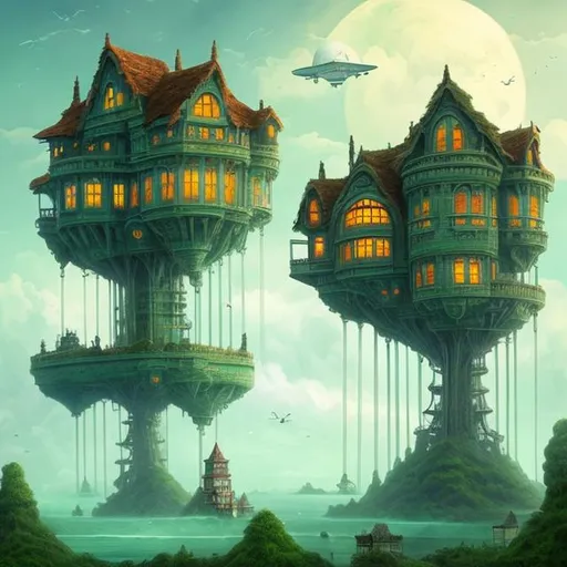 Prompt: fantasy art style, floating house, large house, green house, green windows, green lights, house on stilts, floating house, plane, planes, blimp, flying, floating, drone, wings, engines, fans, aircraft, house in the clouds, house in the sky, wings, house with wings, green 