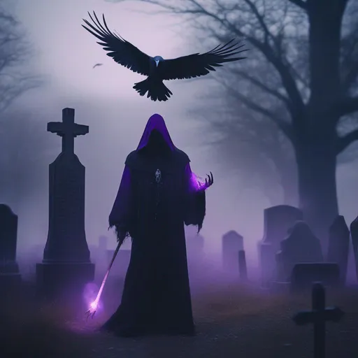 Prompt: anthropomorphic, death with raven skull head starting out over a graveyard, realistic, human proportions, glowing purple eyes, dark room, white colors, dark magic, long robe, magic staff, medieval, high definition, professional, fog, smoke, professional, 4K. HD, High RES