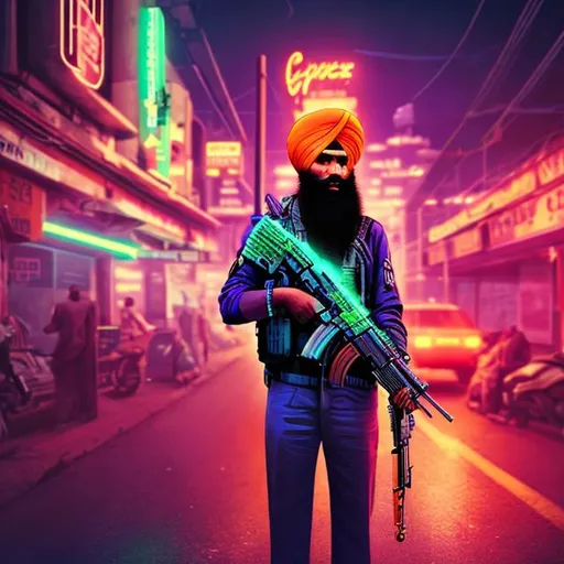 Prompt: Sikh with sniper in cyberpunk neon light art 