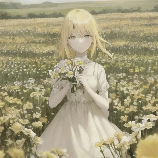 Prompt: light yellow haired girl with beautiful eyes
yellow and white dress
in a flower field