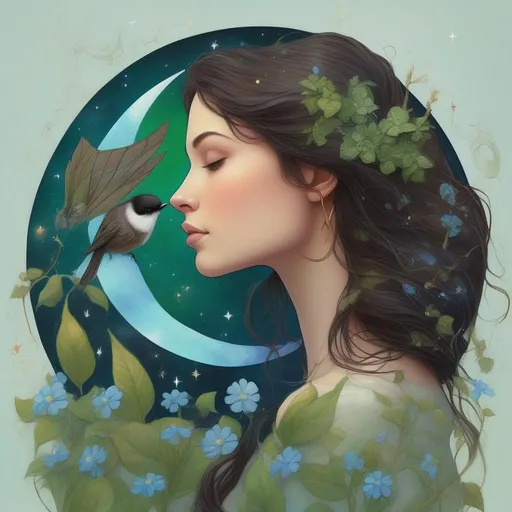 Prompt: A profile beautiful and colourful picture of Persephone with brunette hair and with a green Lunar Moon Moth, forget-me-nots, a chickadee bird and plants surrounding her, framed by the moon and constilations