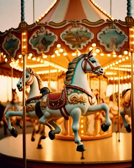 Prompt: A vintage carousel spins merrily under golden twilight, carrying elaborately decorated horses and cheery riders. Soft warm lighting illuminates the nostalgic scene. Shot on Kodak Portra film. Whimsical, timeless, joyous.
