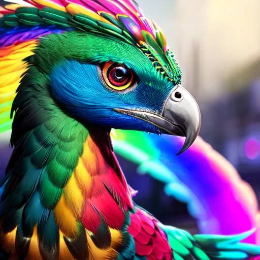 Prompt: Portrait of an Quetzalcoatl with striking rainbow fur and iridescent black markings and a cute face, liminal space streets, perfect composition, hyperrealistic, super detailed, 8k, high quality, trending art, trending on artstation, sharp focus, studio photo, intricate details, highly detailed, by makoto shinkai