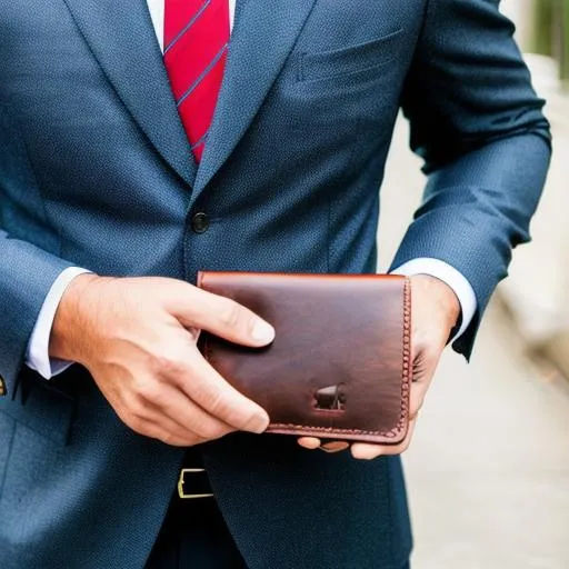 Prompt: well dressed man holding a wallet called the bull wallet 
