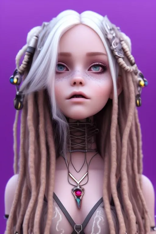 Prompt: beautifull woman,close uo face,long hair,dark,goth,close up portrait,dreamy eyes,rasta blond hair,elegant,cyber punk,barbie,anime,dream,romance,gothic,black,steampunk,strong,white hair,rasta,realistic