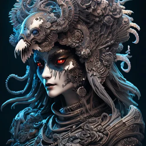 Prompt: "3 d goddess of death close - up profile portrait with ram skull. beautiful intricately detailed japanese crow kitsune mask and clasical japanese kimono. betta fish, jellyfish phoenix, bio luminescent, plasma, ice, water, wind, creature, artwork by tooth wu and wlop and beeple and greg rutkowski"