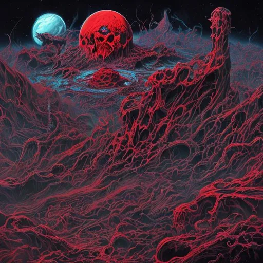 Prompt: red and black cosmic rot. hyperdetailed. cosmic horror. concept art. album cover 