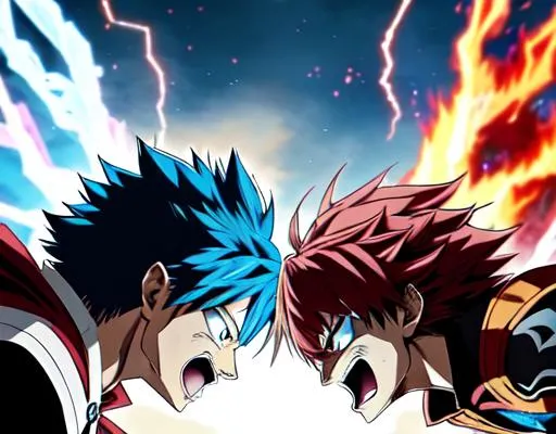 Prompt: Epic Cinematic Anime collision between superhero godly clash, epic duel between Todoroki clashes with Deku, from the Anime My Hero Academia. Epic, mythical superhuman powers, Towering pillars of Ice, Fire and Wind/Shockwaves SFX Superdetailed Insanely high quality masterpiece. Stunning explosion of the Elements, as the superheroes Deku and Todoroki are about to collide in the middle of a fire-Blizzard, Ice fiery vortex 