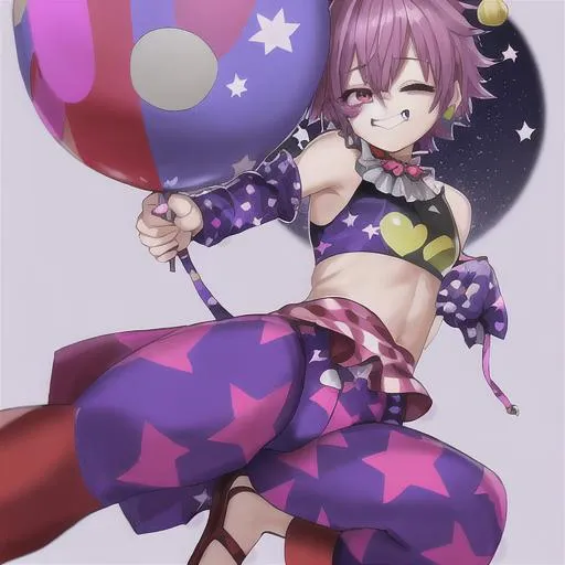 Prompt: male, purple (short) hair,  wearing a clown out fit with stars on the pants , clown painted face, smiling, ,   eyes sewed shut. crying, gore
