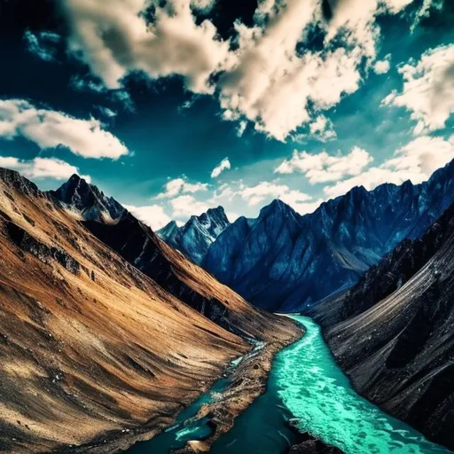 Prompt: Beautiful picture of mountains, rivers, clouds and sky