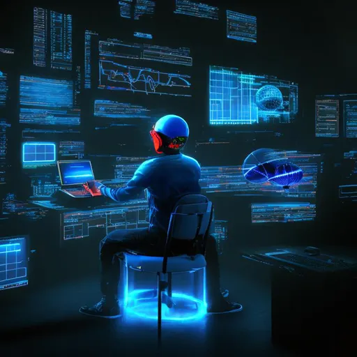 Prompt: A guy in a helmet and a combination with a sphere in his hands, sits on a chair, behind the monitors with graphs, cyberpunk, logo, symmetrical, blue colors with electric discharges, high quality 