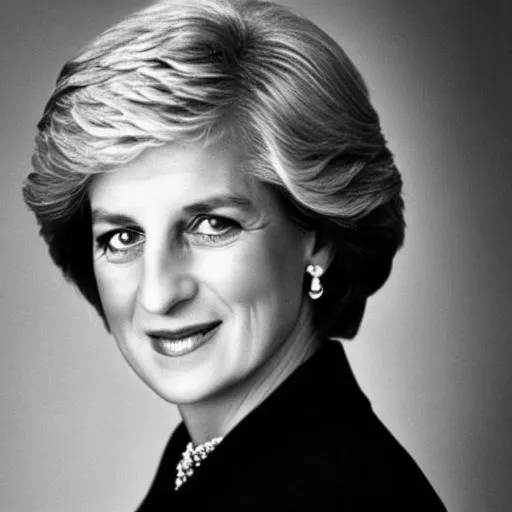 Prompt: Photo portrait of a very old elderly gray haired  version of Princess Diana in a regal black dress. 