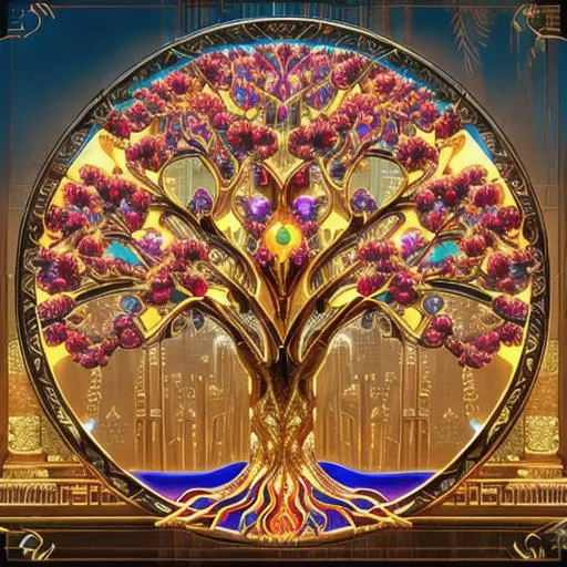 Prompt: Tree of Life with Roots, colorful, ultra gloss, gilded, art deco, ornate, intricate, led,  hyper-detailed, 64K, UHD, HDR, unreal engine, vivid colors