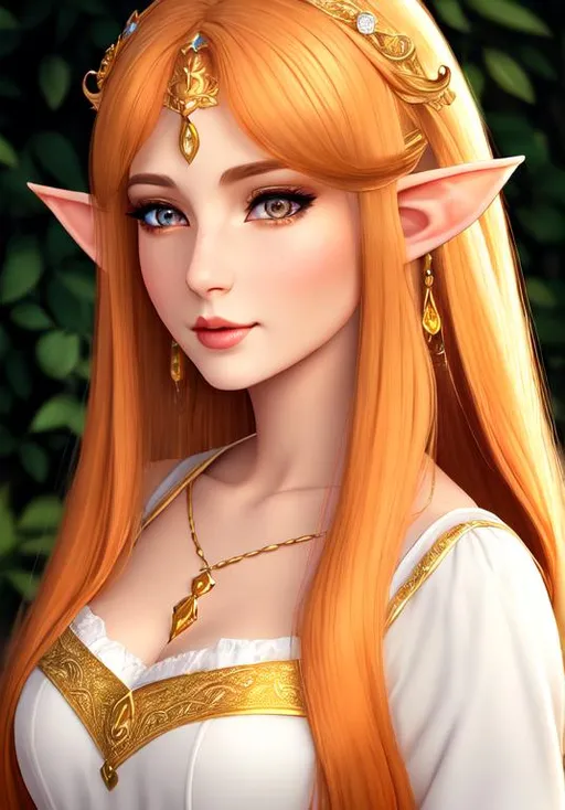 Prompt: Young woman, elf, fair complexion, light orange straight slightly wavy long hair, elf ears, golden eyes, white dress, lovely look, nice expression, helpful, highly detailed, 4k, hdr,