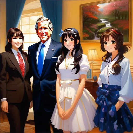 Prompt: George W Bush meets anime girls, anime style, extremely detailed painting by Greg Rutkowski and by Henry Justice Ford and by Steve Henderson 