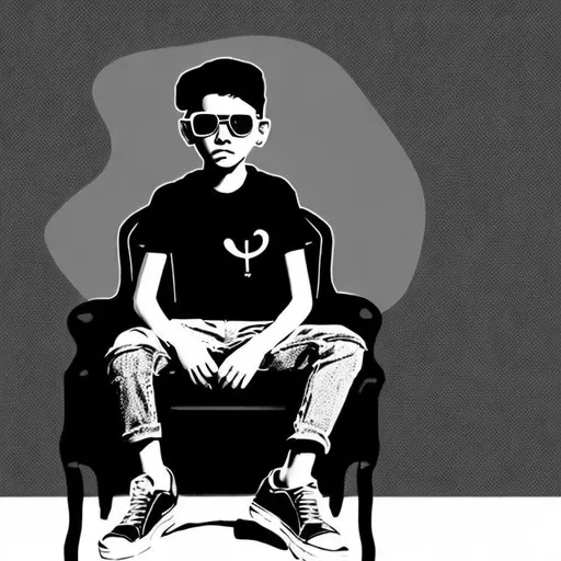 Prompt: Create a 3d illusion for a instagram profile picture where a boy in a black shirt sits casually on a wingback chair. Wearing sneakers, a black cricket cap, and sunglasses, he looks ahead. The background features Rohit Rajput In big and capital white fonts on the black wall. There  should not be his shadow, and there are wings to make it appear as if he is an angel