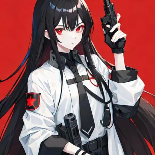 Prompt: 1male (pale) (long black hair) (red eyes) holding a gun, nuclear fallout