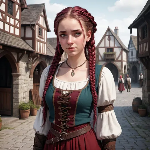 Prompt: Full body, Fantasy illustration of a 20 year old woman, maroon braids, medieval clothing, beautiful, exhausted gaze, sad smile, high quality, rpg-fantasy, detailed, medivial irish town