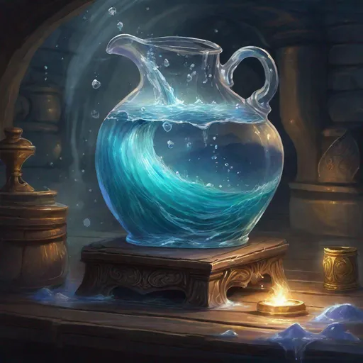 Prompt: magical jug overflowing with water, waves, sea, glowing, magic, dark, dungeons and dragons, magic the gathering, fantasy art, fantasy, wizard,, concept art, , artstation, award winning, painting, watercolor, 