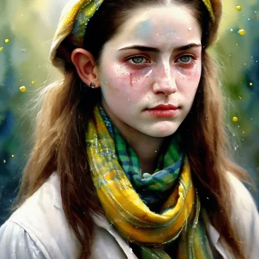 Prompt: Watercolor portrait of a beautiful woman's face, sad, tears drop from one eye. The woman wears a pale yellow striped scarf. On her head wears a chequered pale green bandana. Masterpiece, precise brush strokes, use mainly primary colors, dark background. Elf ears, very long incisive teeths. Thomas Kincade style.