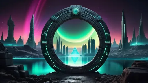 Prompt: magical portal between cities realms worlds kingdoms, circular portal, ring standing on edge, upright ring, freestanding ring, hieroglyphs on ring, complete ring, ancient aztec architecture, atlantis setting, aurora borealis, panoramic view, dark night, futuristic cyberpunk tech-noir setting