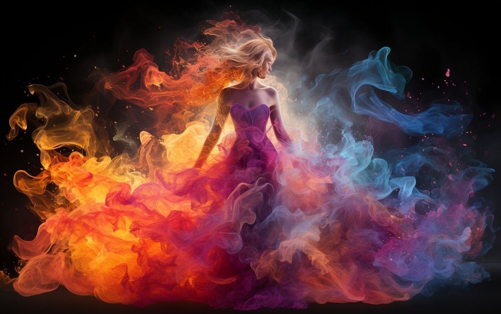 Prompt: transparent girl made of colorful smoke and fire