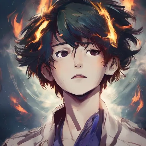 Prompt: anime style boy with fire hair lights looking up with a a scenario catching fire behind him