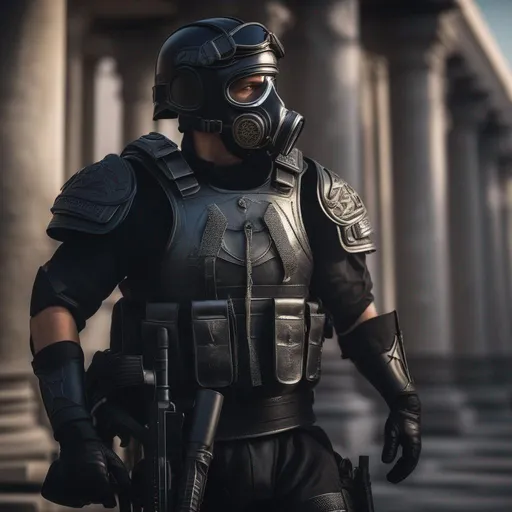 Prompt: A modern roman military male in black military roman armor, and gas mask,  war aliens, Hyperrealistic, sharp focus, Professional, UHD, HDR, 8K, Render, electronic, dramatic, vivid, pressure, stress, traumatic, dark.