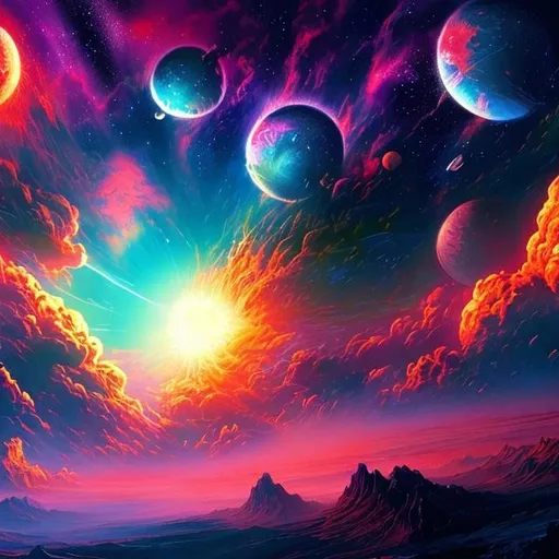 Prompt: Design an HD wallpaper (1760x990) that showcases a breathtaking celestial explosion. Let the explosion burst with vibrant hues of blue, purple, orange, green, and pink, illuminating the darkness of space. Incorporate a distant planet in the composition, creating a sense of cosmic wonder and awe.