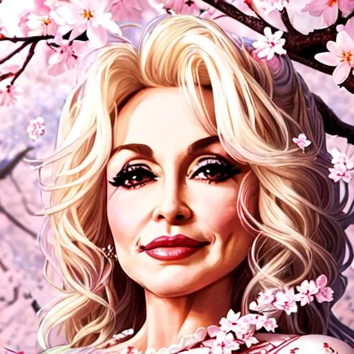 Prompt: Dolly Parton, cherry blossoms, fairy goddess, closeup