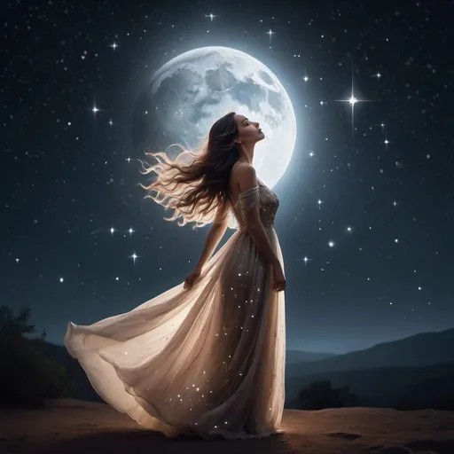 Prompt: In a serene setting beneath a canopy of twinkling stars, a beautiful woman stands illuminated by the soft glow of the moonlight. Her silhouette is striking against the dark night sky, creating a captivating contrast that accentuates her elegance and grace.

She has flowing hair that seems to shimmer and dance in the gentle night breeze, reflecting the subtle light of the stars above. Her eyes sparkle with a mysterious allure, mirroring the constellations that dot the sky.

Her attire is simple yet elegant, a flowing dress that seems to mimic the movement of the night sky itself. It billows gently around her as she stands, creating a dreamlike aura that adds to her ethereal beauty.

As she gazes up at the stars, a sense of wonder and awe fills her expression. Her connection to the universe is palpable, as if she holds a secret understanding of the mysteries of the cosmos.

Surrounded by the beauty of the night sky, this woman embodies the timeless allure of the heavens. Her presence is both calming and enchanting, making her a mesmerizing focal point against the backdrop of the starry night.

The night has a blood moon feel.









