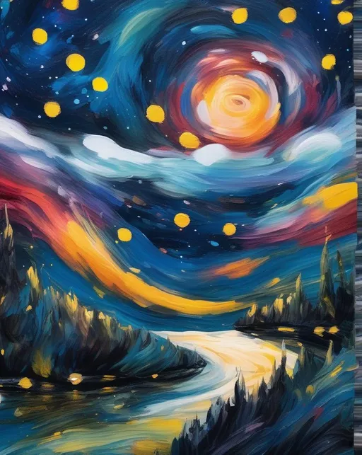 Prompt: An expressive night scene inspired by "Starry Night," featuring swirling clouds and vibrant stars painted with bold brushstrokes. Use a telephoto lens for a captivating close-up of the night sky.