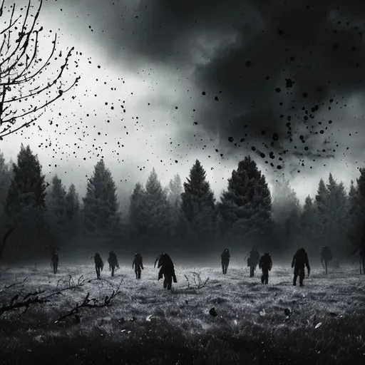 Prompt:  foggy, grey clouds, zombies, blood splatter  
Endless mellow, trees in background, white black filter