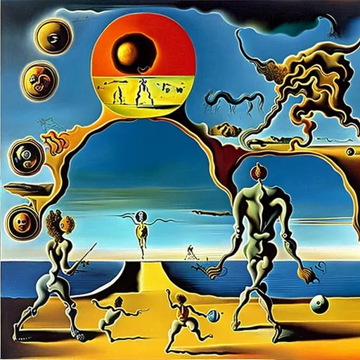 Prompt: Salvador Dali type painting with hidden messages in the painting like a woman walking a dog and a man playing catch with his kids or hidden items like a toy or a upside down sun or a backwards half moon the whole picture upside down abstract 