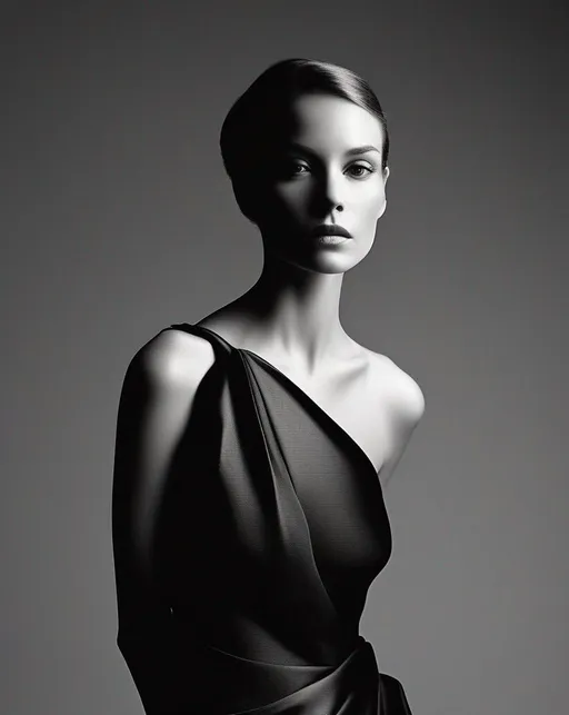 Prompt: A minimalist fashion portrait isolated against a plain grey background, placing emphasis on the graphic sculptural form of the elegant black gown, reminiscent of Irving Penn's refined studio style. Lit with refined, meticulous overhead lighting to create a clean silhouette. Shot with an 8x10 view camera and normal lens. The mood is elegant simplicity. In the style of Irvin Penn.  